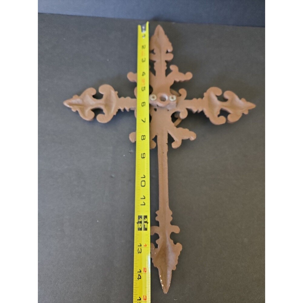 Ornate Cast Iron Fleur-de-Lis Wall Cross - 15" x 11" Rustic Decor Brown Heavy - Picture 8 of 8